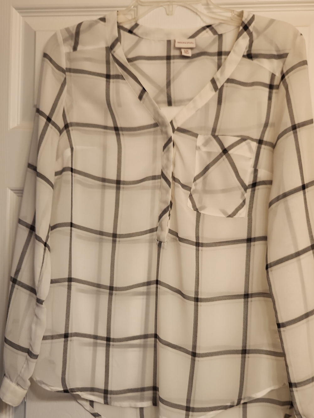 Merona White Sheer Plaid V-Neck Blouse with Pocket